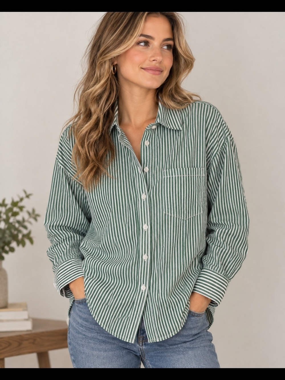 Anthropologie Mauve Green And White Striped Button- Down Shirt Size S